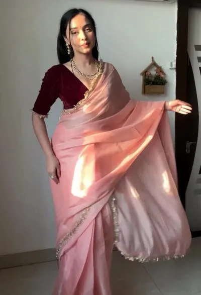 1 Min Light Pink Stitched Readymade Saree And Velvet Readymade Blouse