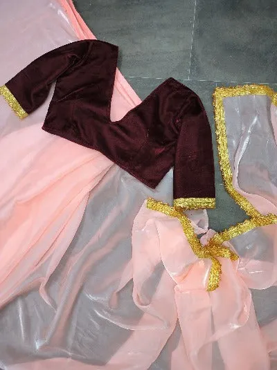 1 Min Light Pink Stitched Readymade Saree And Velvet Readymade Blouse