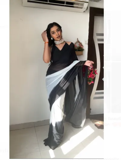 1 Min Ready to Wear Black White Stitched Saree