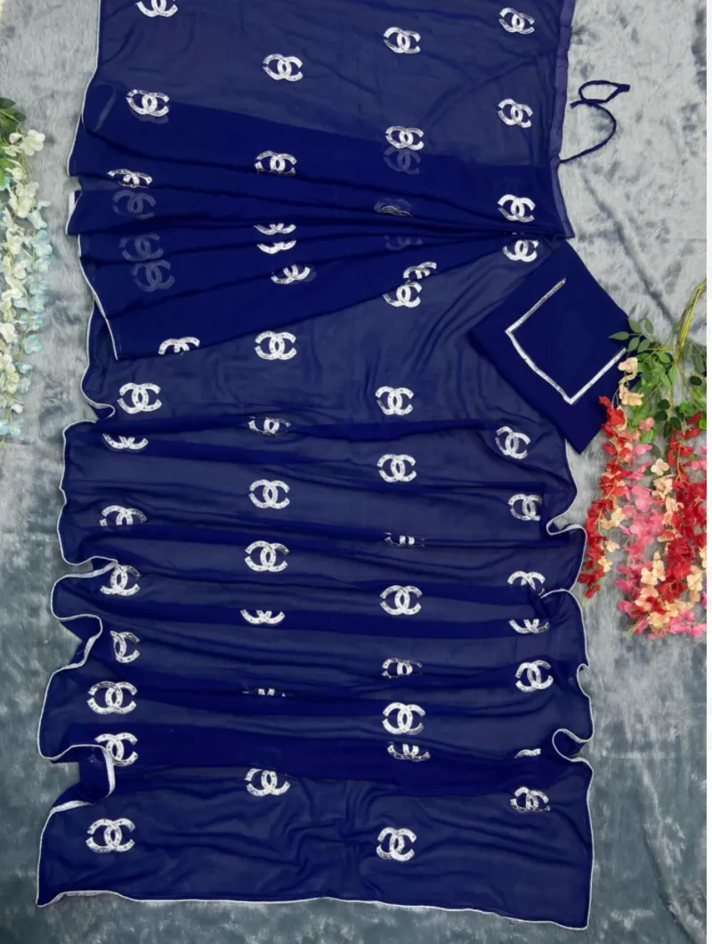 1 Min Ready to Wear Navy Blue Silver Stitched Saree