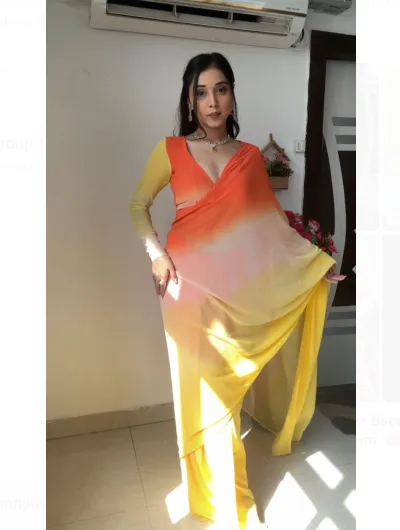 1 Min Ready to Wear Yellow Orange Stitched Saree