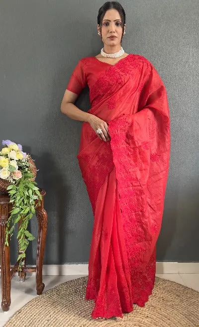 1 Min Red Soft Kota Doriya Stitched Readymade Saree