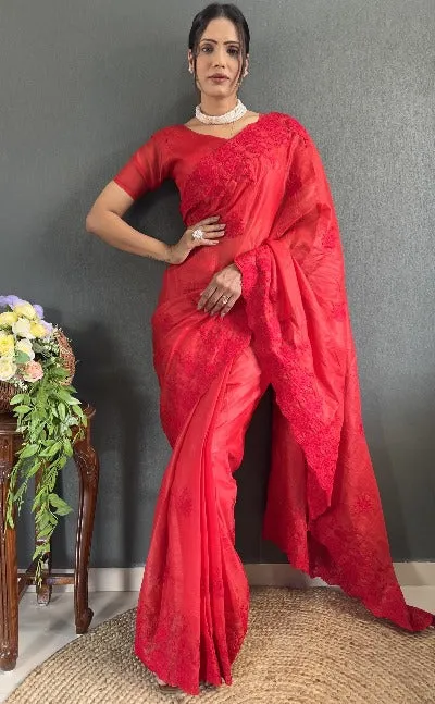 1 Min Red Soft Kota Doriya Stitched Readymade Saree