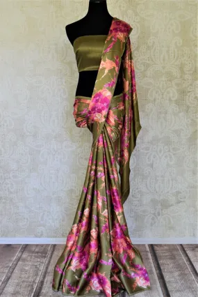 90I752-RO Olive Green Pink Floral Print Crepe Silk Saree