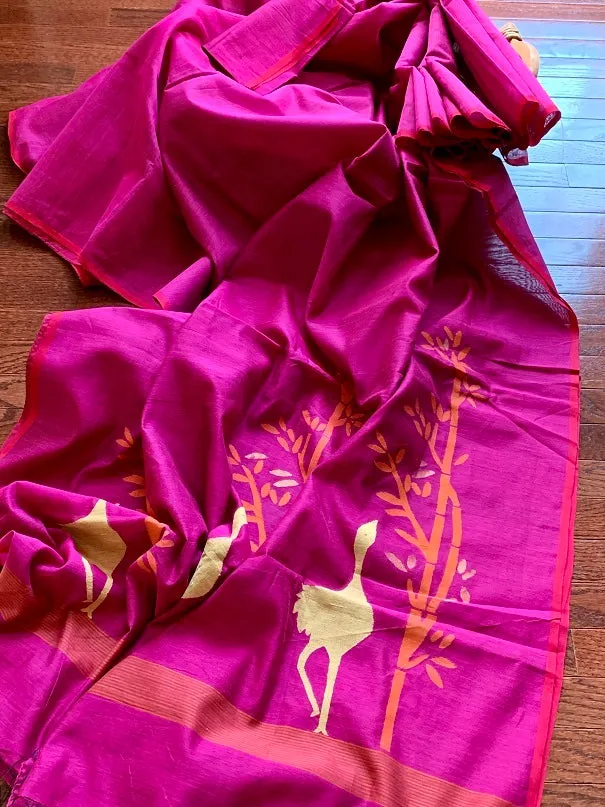 90K344-NRO Dark Pink Cotton Silk Saree with Weave Pallu