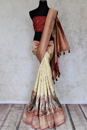 90K851 Cream Mulberry Silk Saree with Zari Border