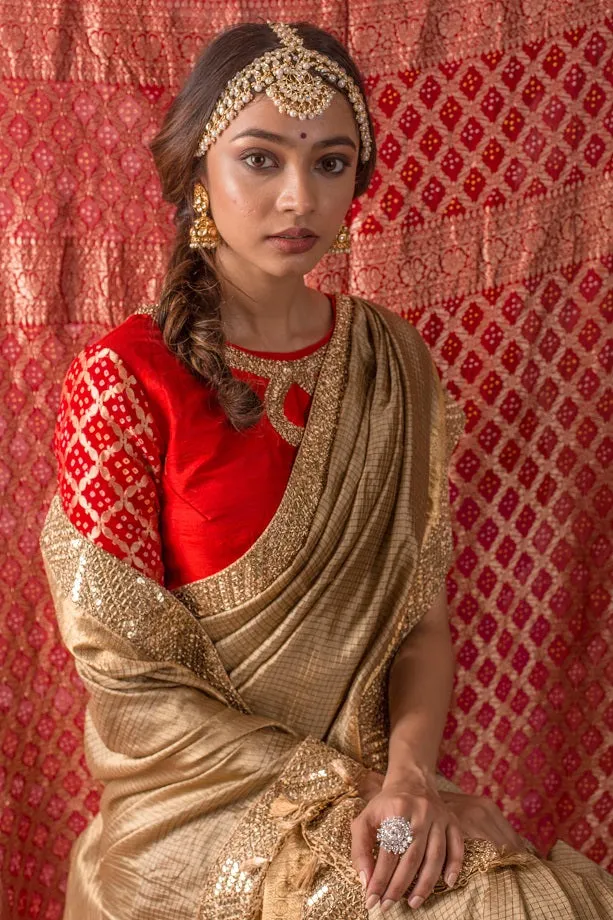 90Z013-RO Brown Embroidered Handloom Saree with Blouse