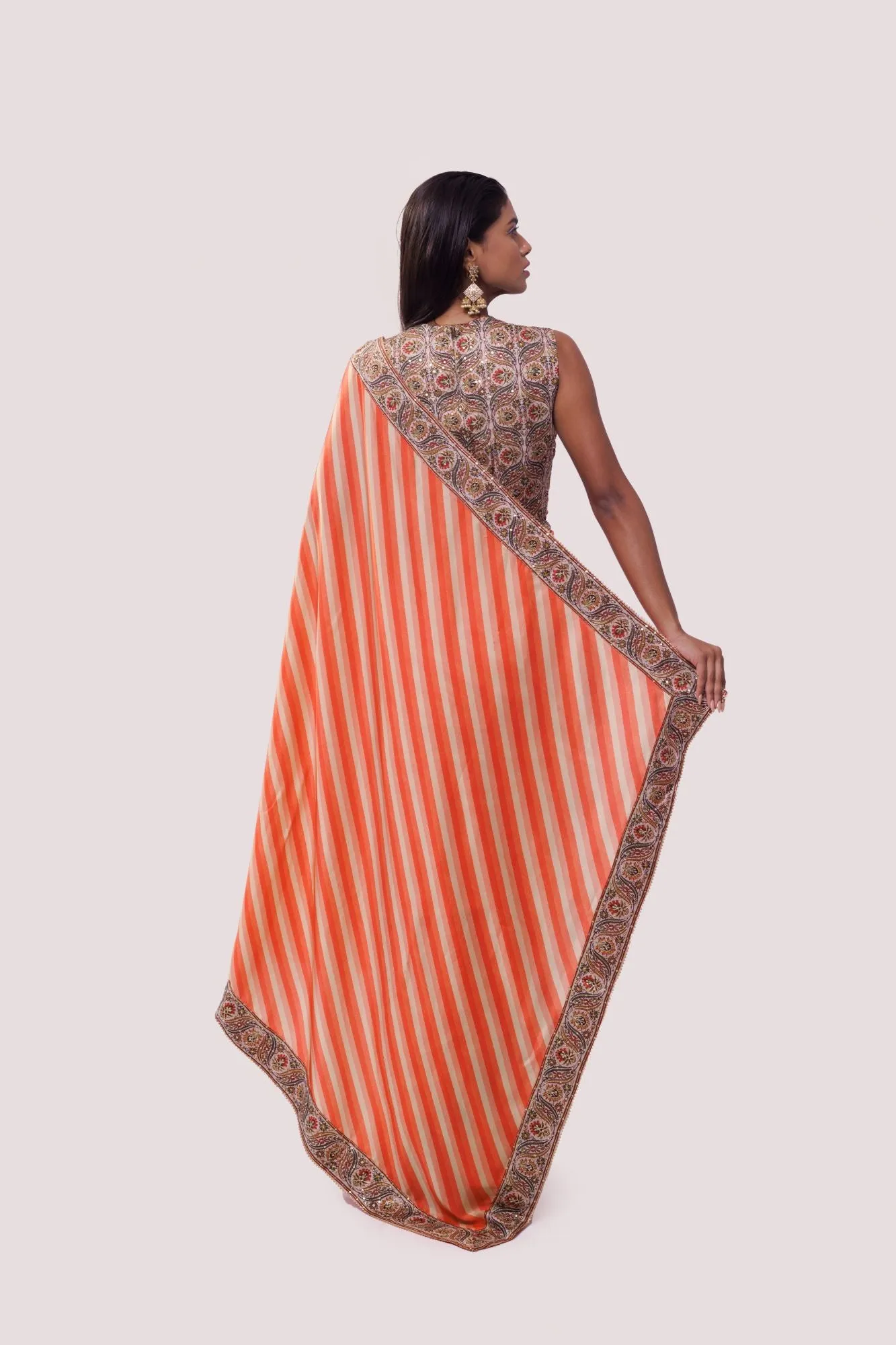 90Z817-RO Orange Stripe Printed Saree