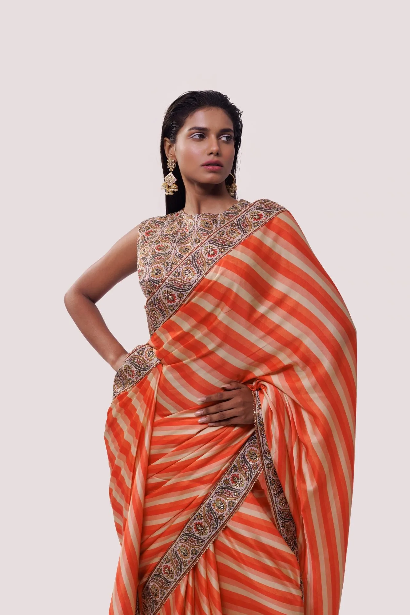 90Z817-RO Orange Stripe Printed Saree