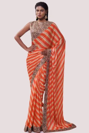 90Z817-RO Orange Stripe Printed Saree