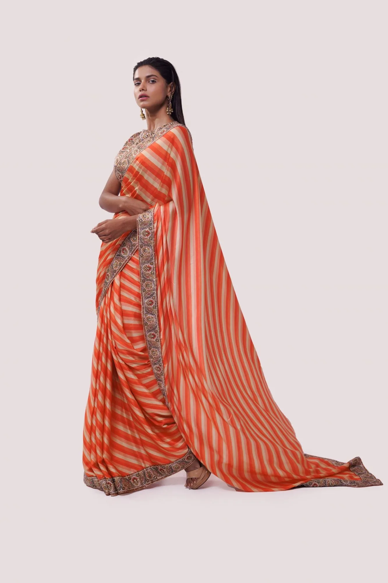 90Z817-RO Orange Stripe Printed Saree