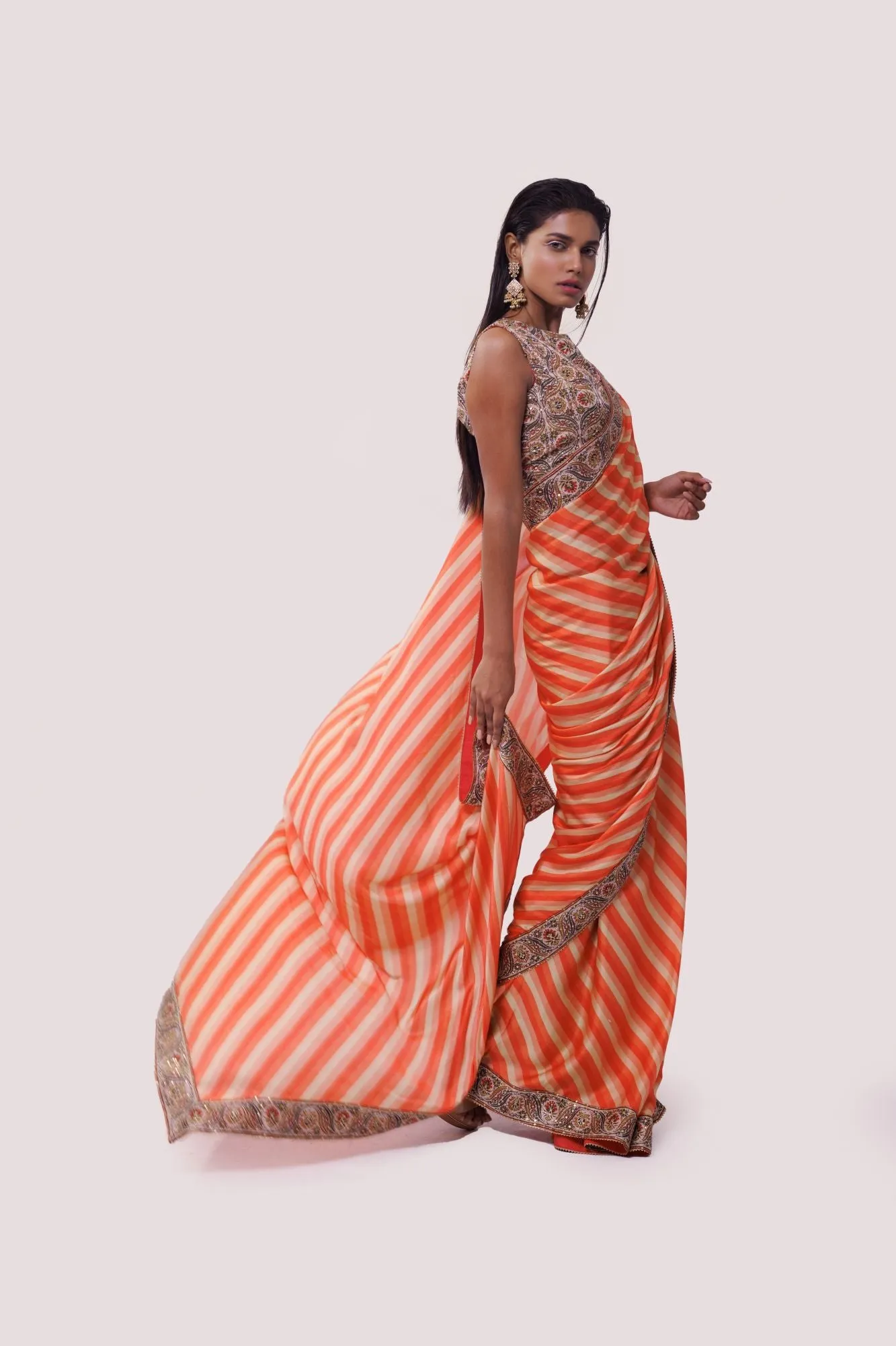 90Z817-RO Orange Stripe Printed Saree