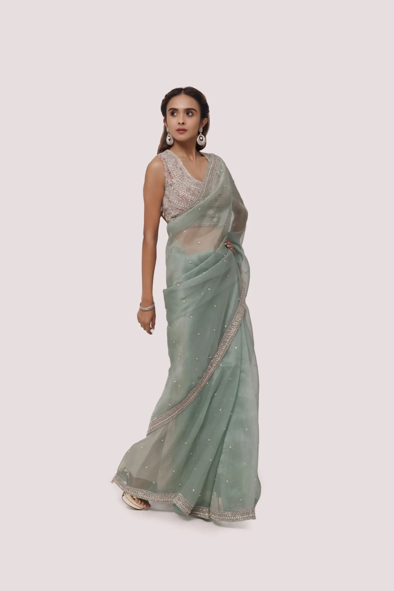 90Z827-RO Green Organza Embroidered Saree With Blouse