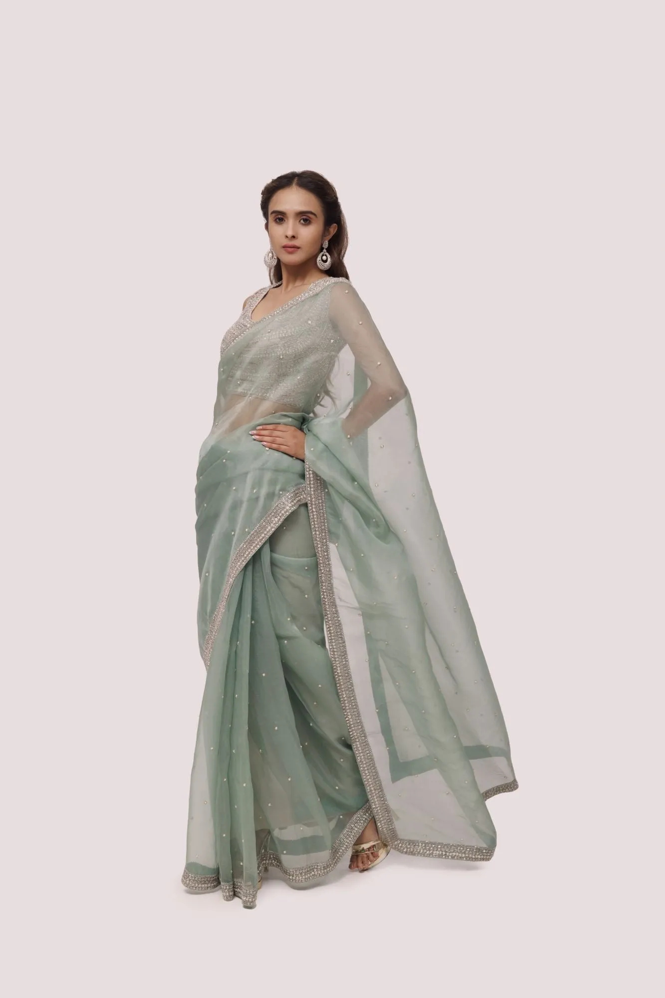 90Z827-RO Green Organza Embroidered Saree With Blouse