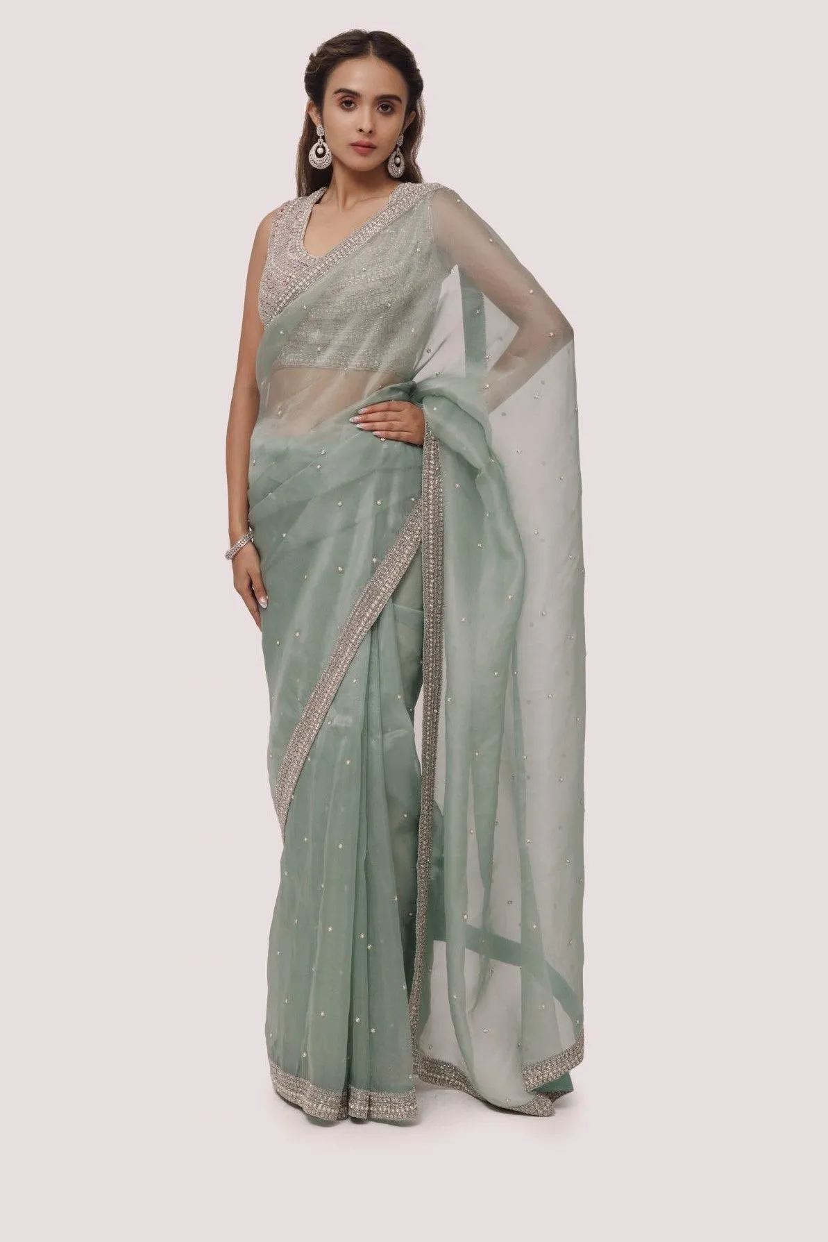 90Z827-RO Green Organza Embroidered Saree With Blouse