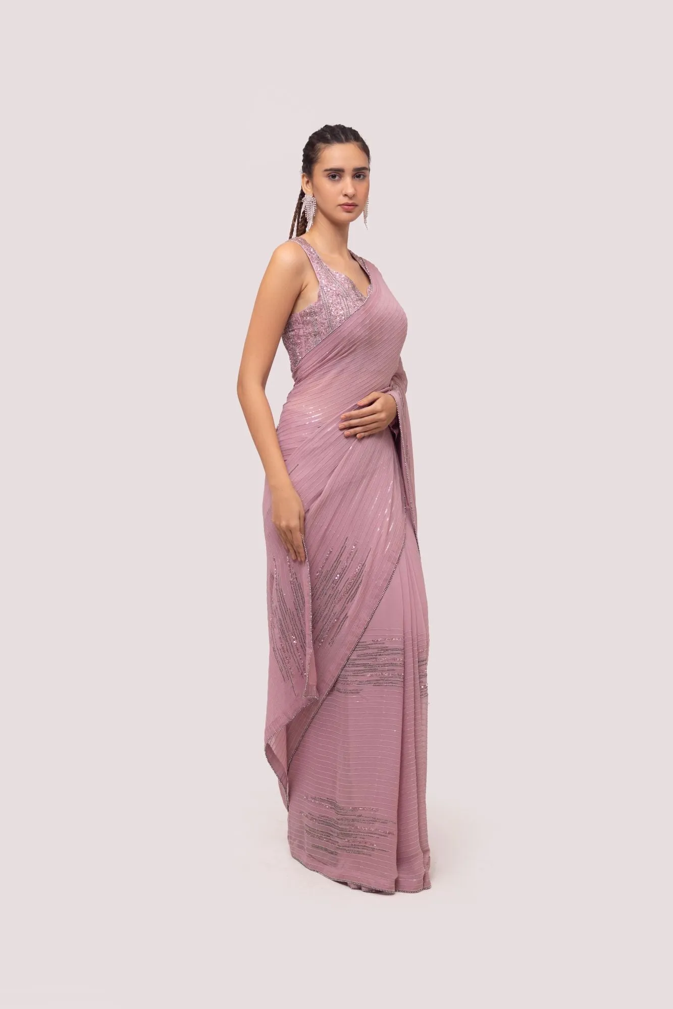 90Z829-RO Pastel Pink Chickan Embroidered Saree With Blouse