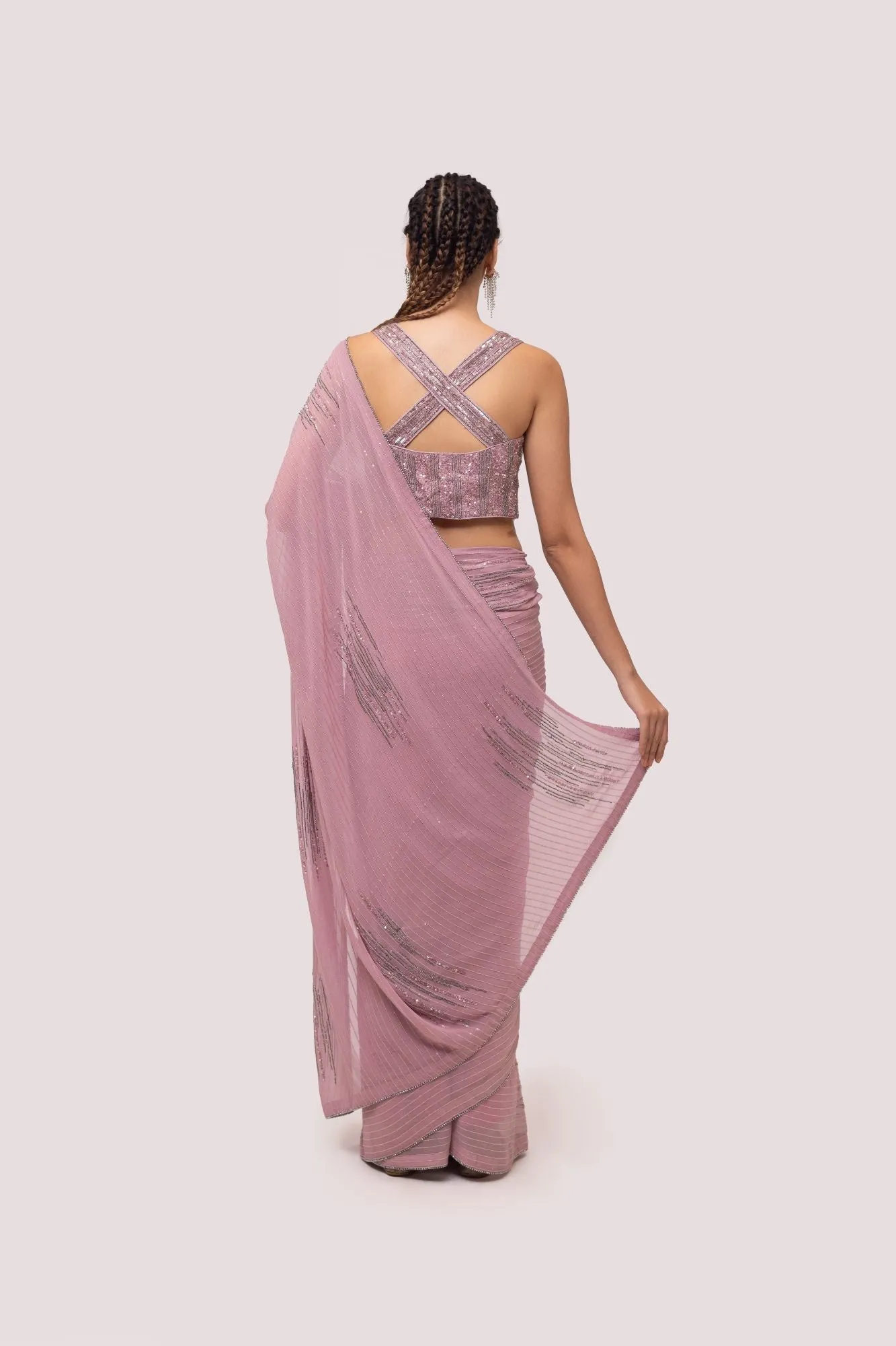 90Z829-RO Pastel Pink Chickan Embroidered Saree With Blouse