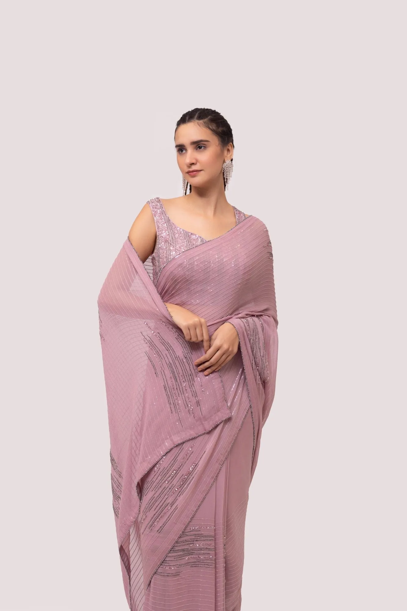 90Z829-RO Pastel Pink Chickan Embroidered Saree With Blouse