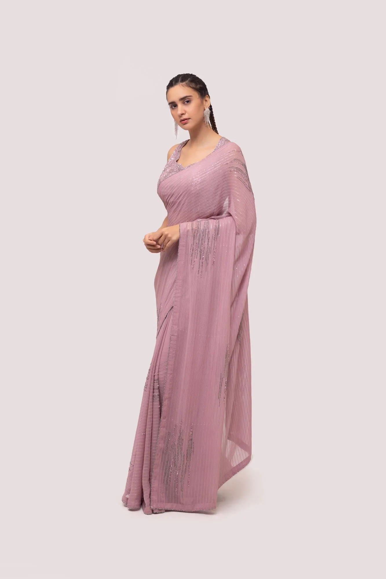 90Z829-RO Pastel Pink Chickan Embroidered Saree With Blouse