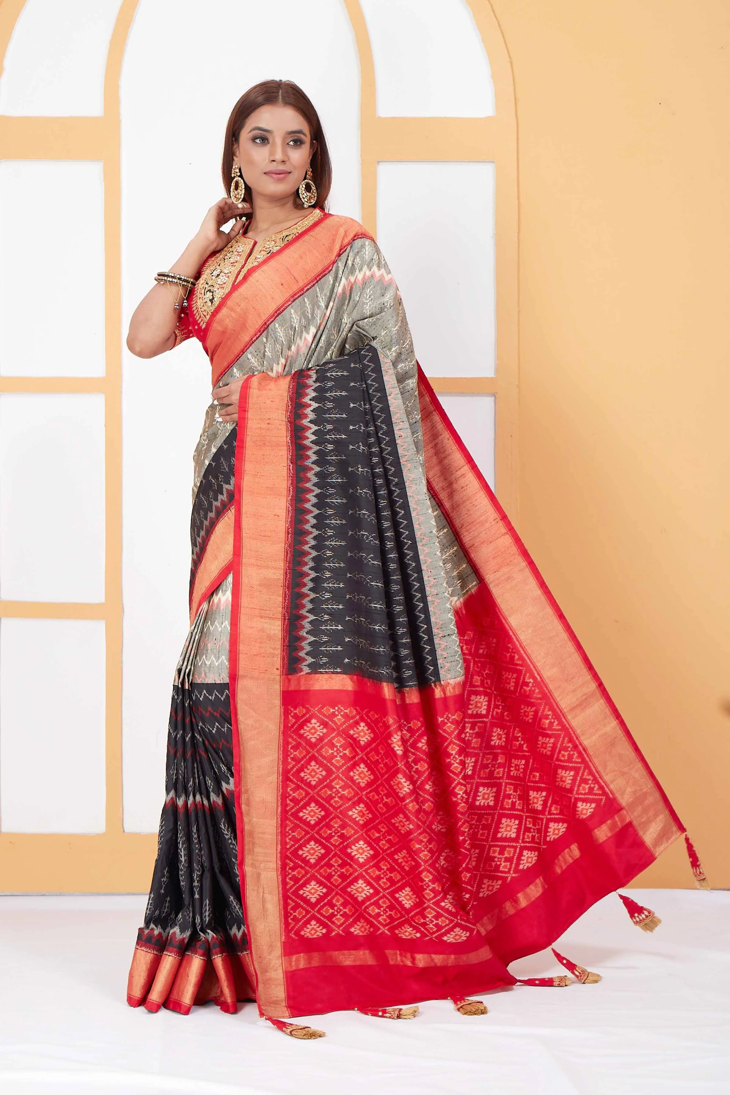 91A037 Grey and Black Patola Silk Saree with Red Zari Border