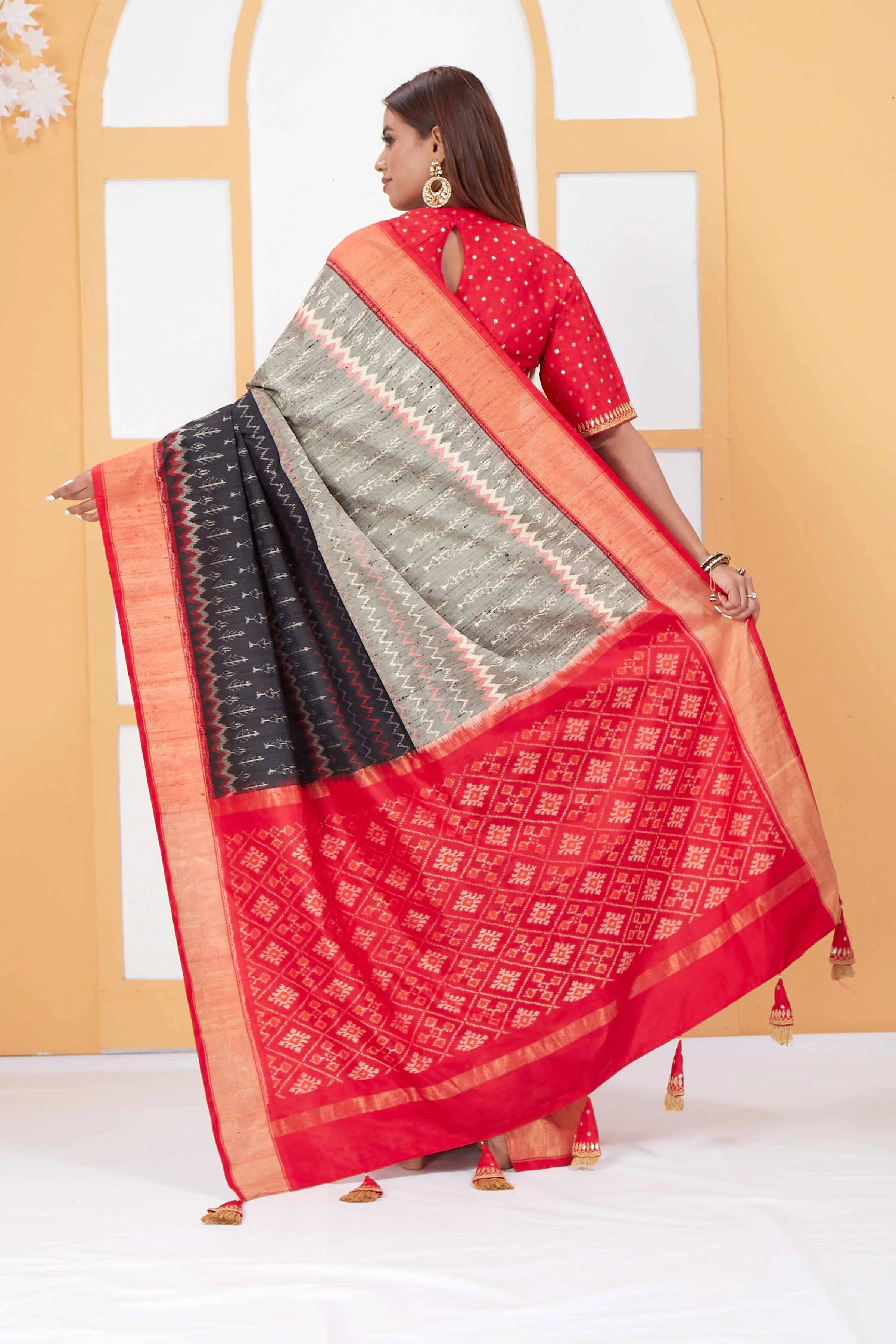 91A037 Grey and Black Patola Silk Saree with Red Zari Border