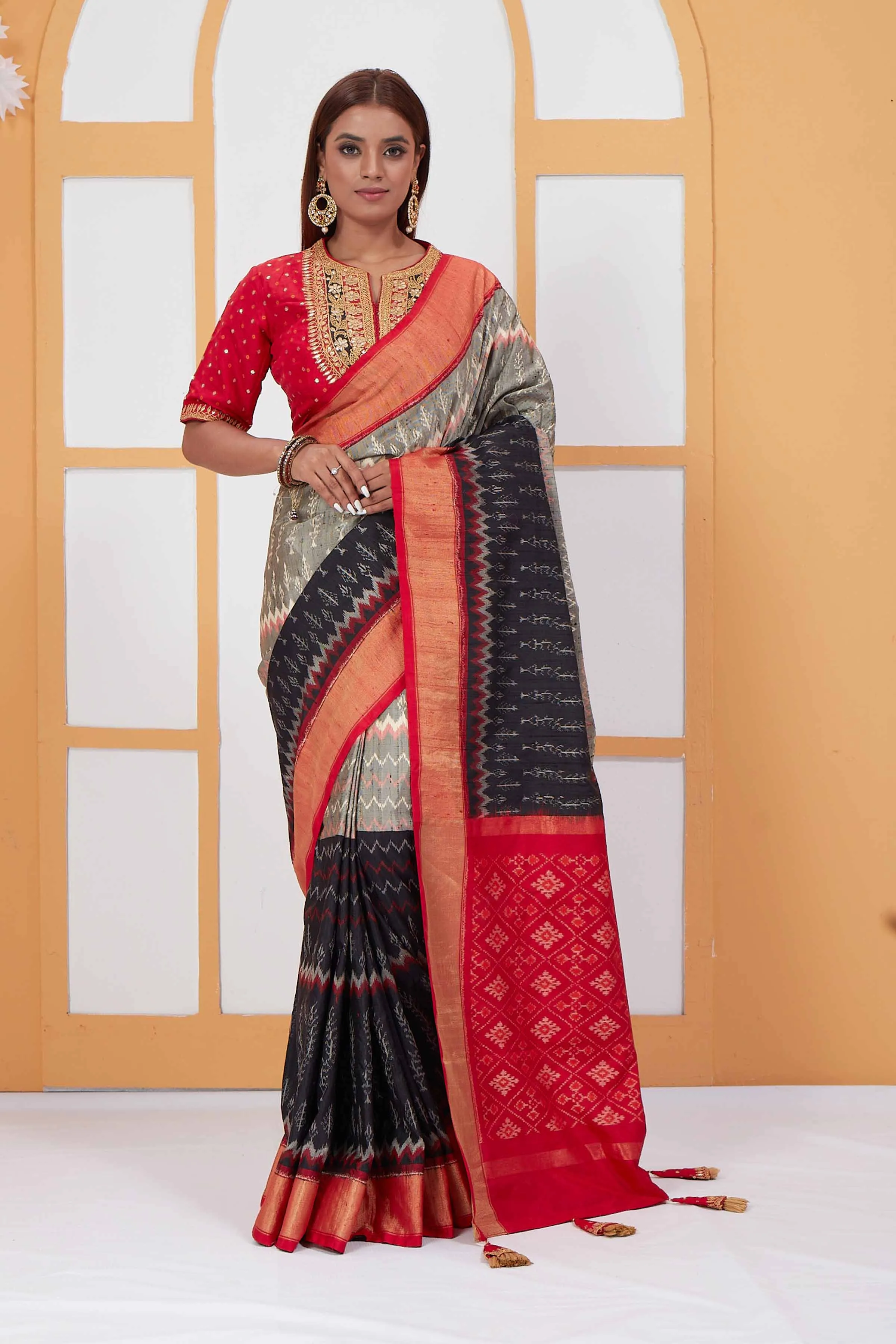 91A037 Grey and Black Patola Silk Saree with Red Zari Border