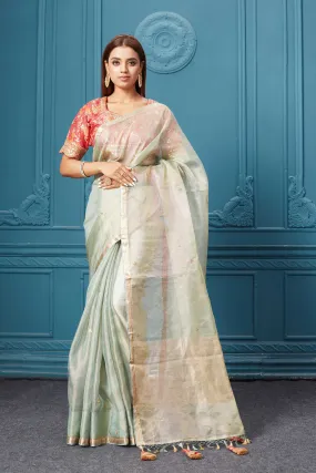 91A088 Pastel Green Organza Silk Saree with Pink Embroidered Blouse