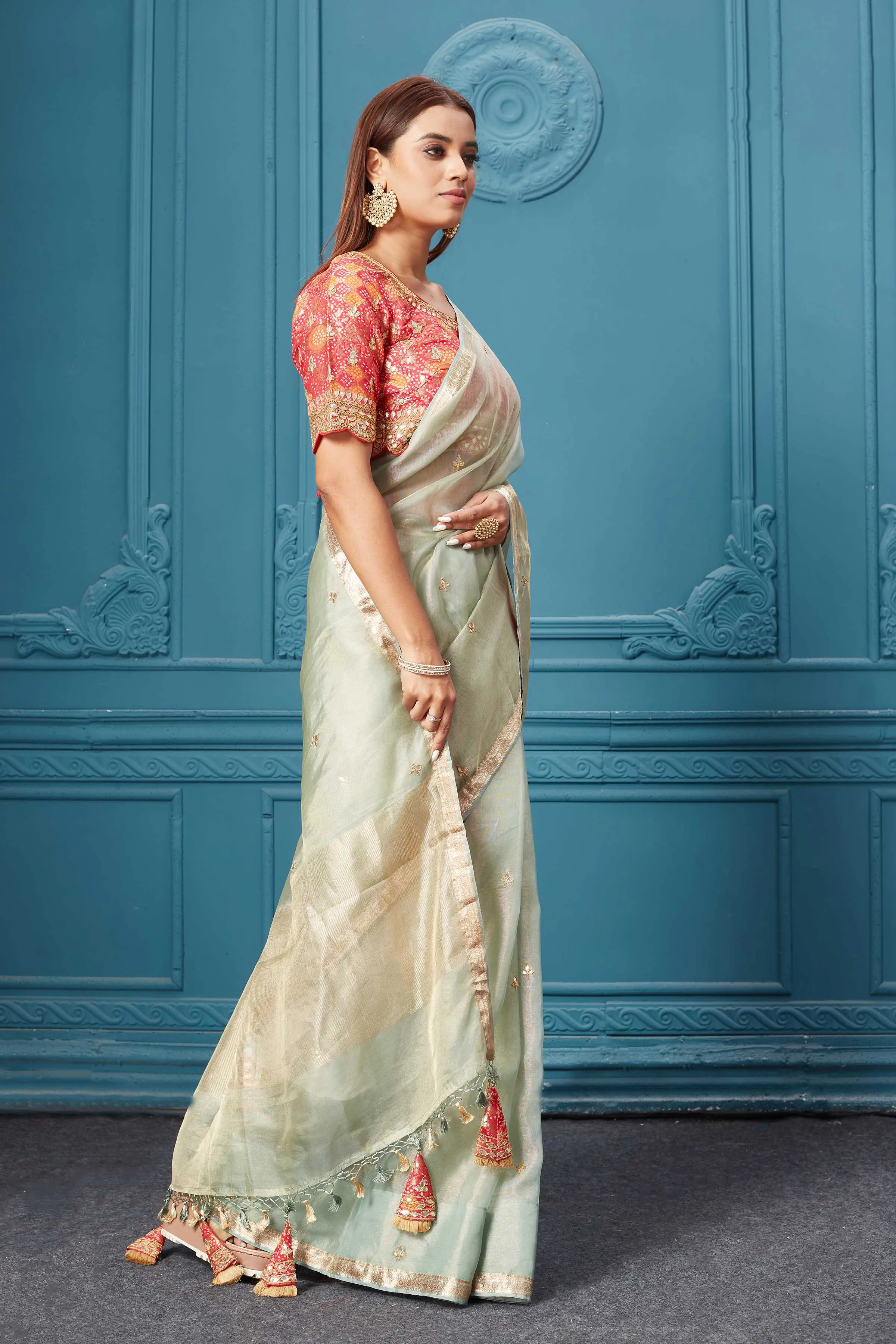 91A088 Pastel Green Organza Silk Saree with Pink Embroidered Blouse