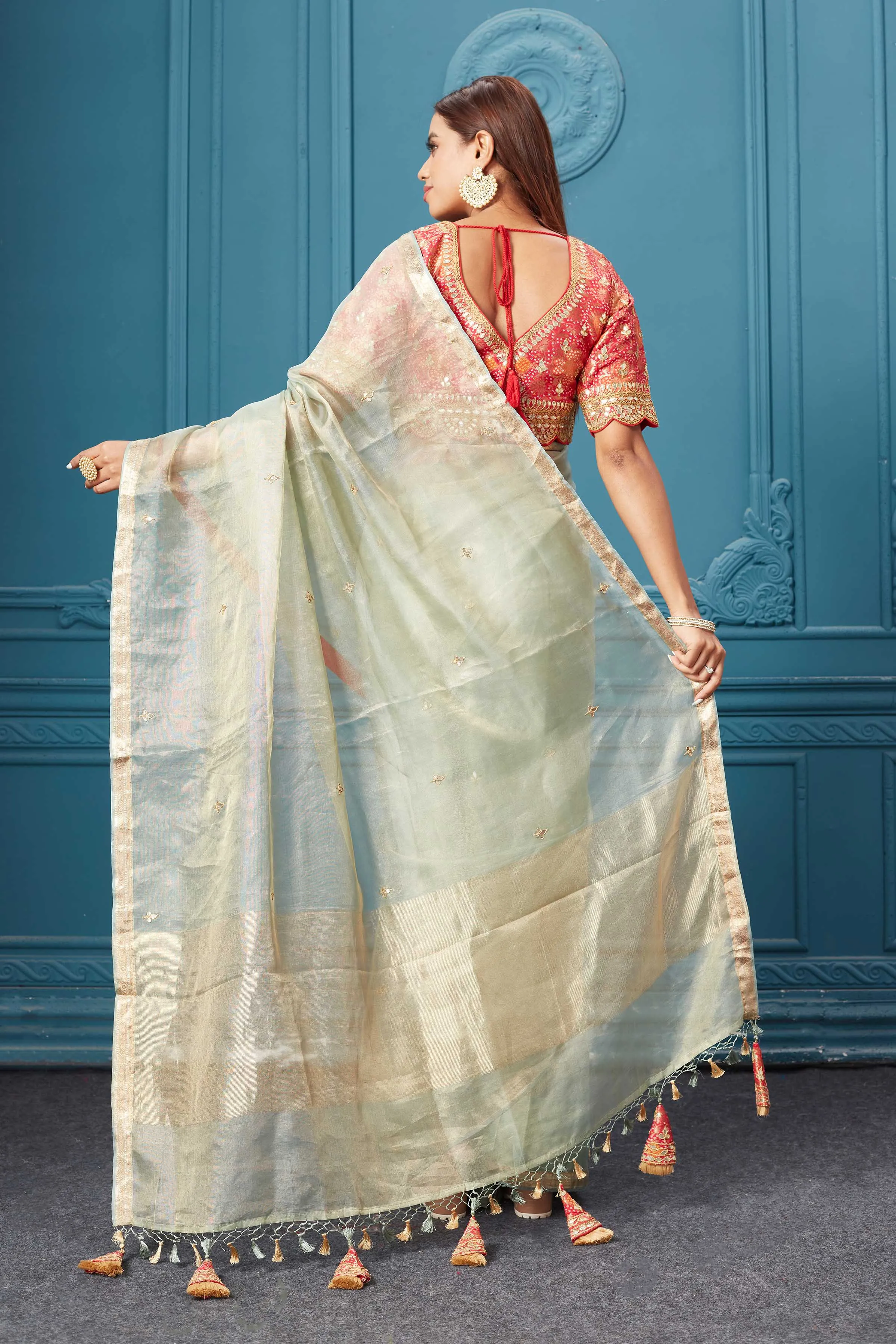 91A088 Pastel Green Organza Silk Saree with Pink Embroidered Blouse