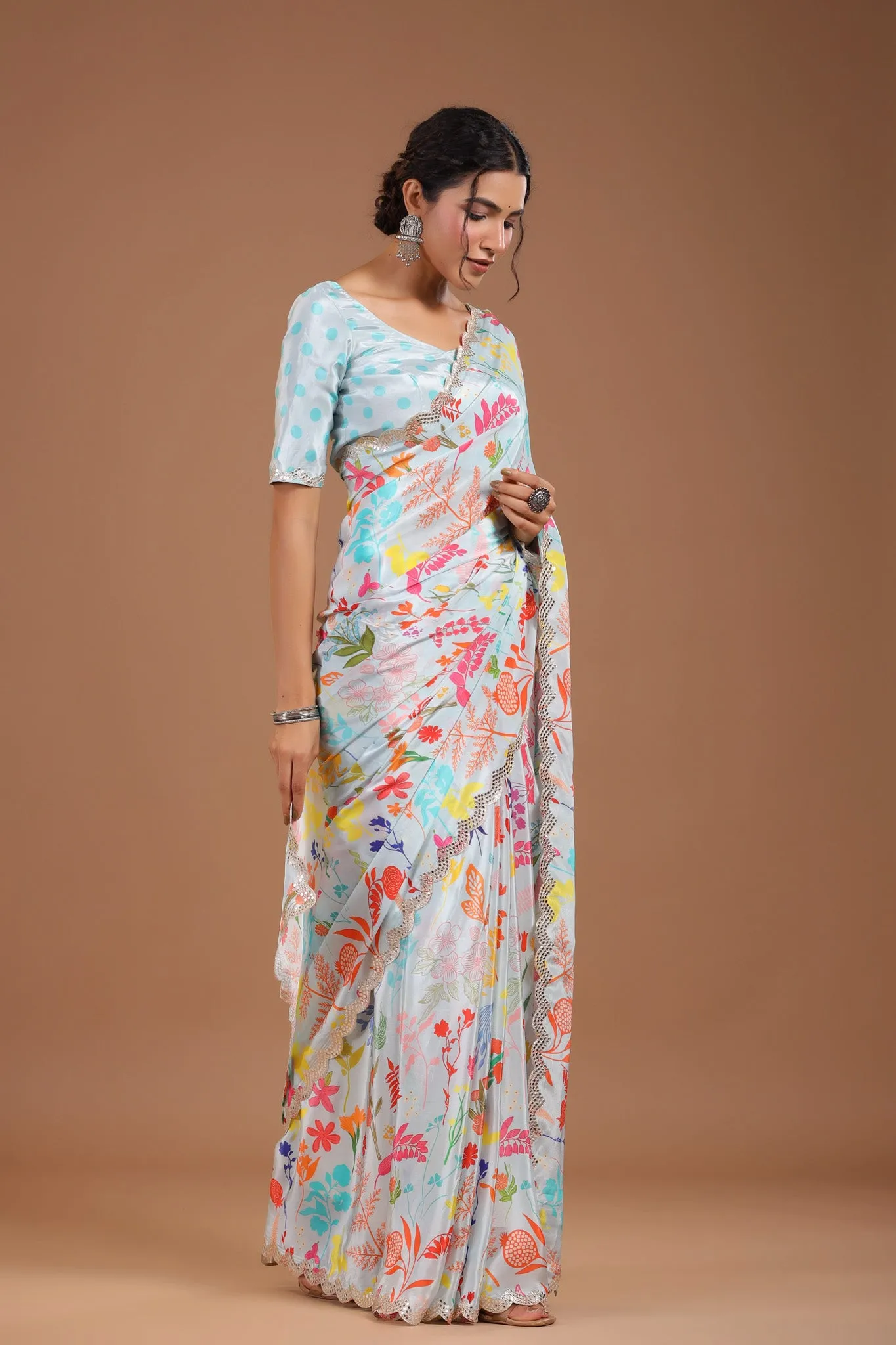 92A084 Powder Blue Printed Crepe Georgette Saree