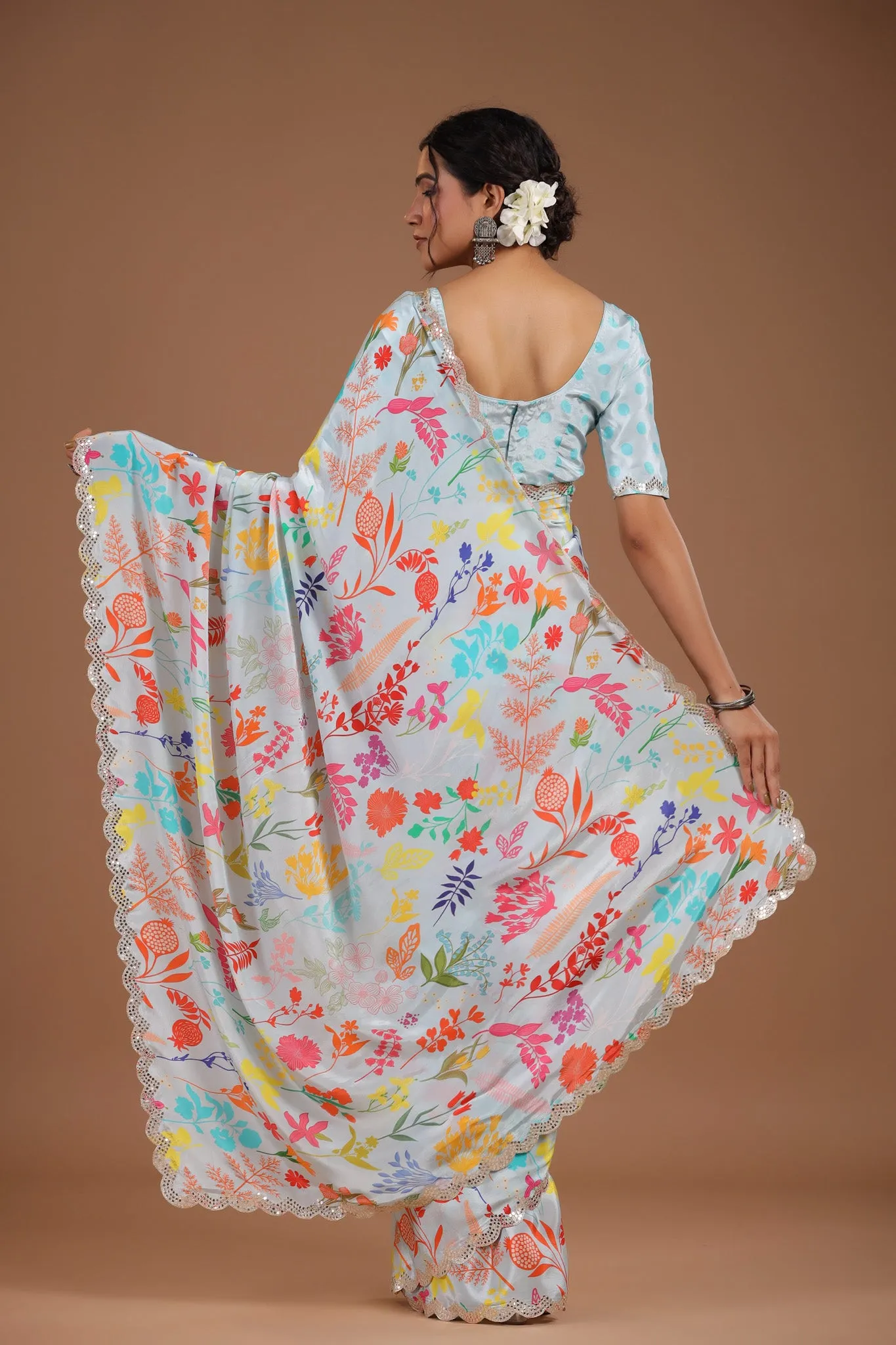 92A084 Powder Blue Printed Crepe Georgette Saree