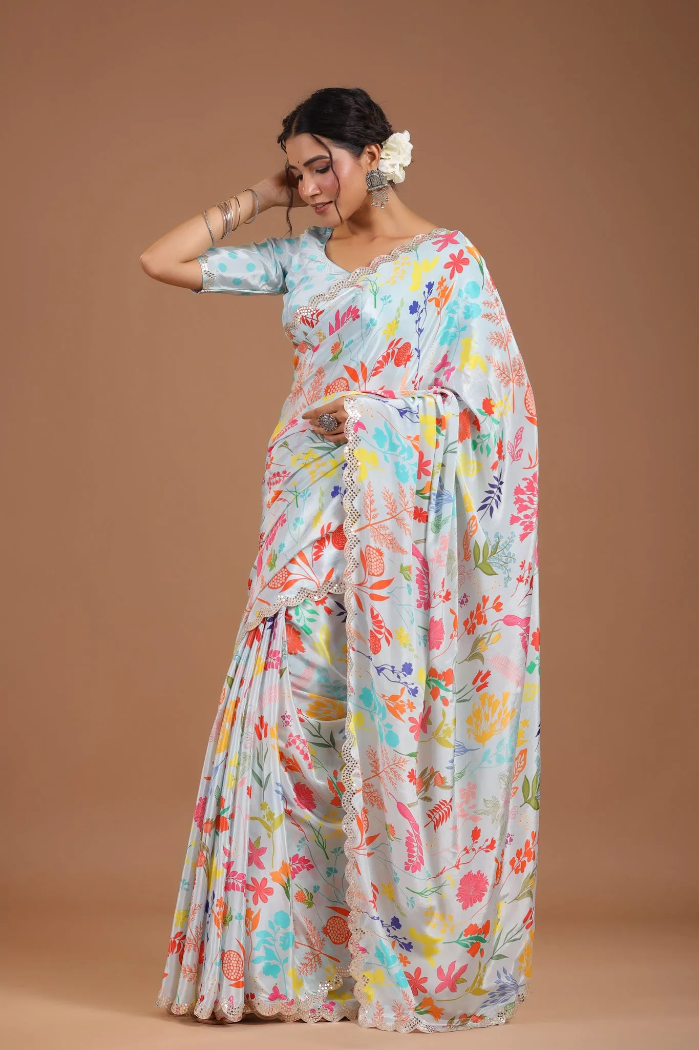 92A084 Powder Blue Printed Crepe Georgette Saree