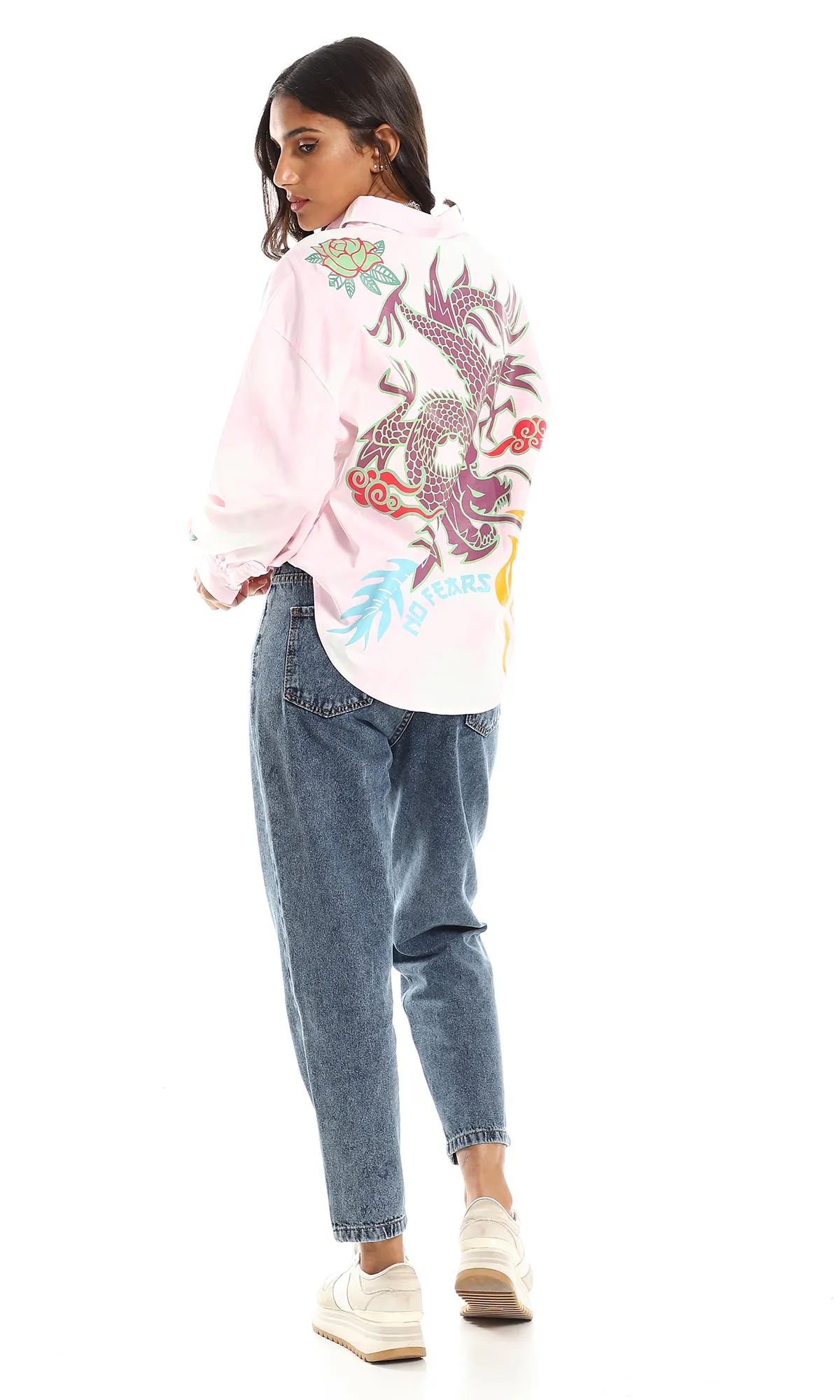 96771 Back Dragon Printed Shirt - Rose, Purple & Green