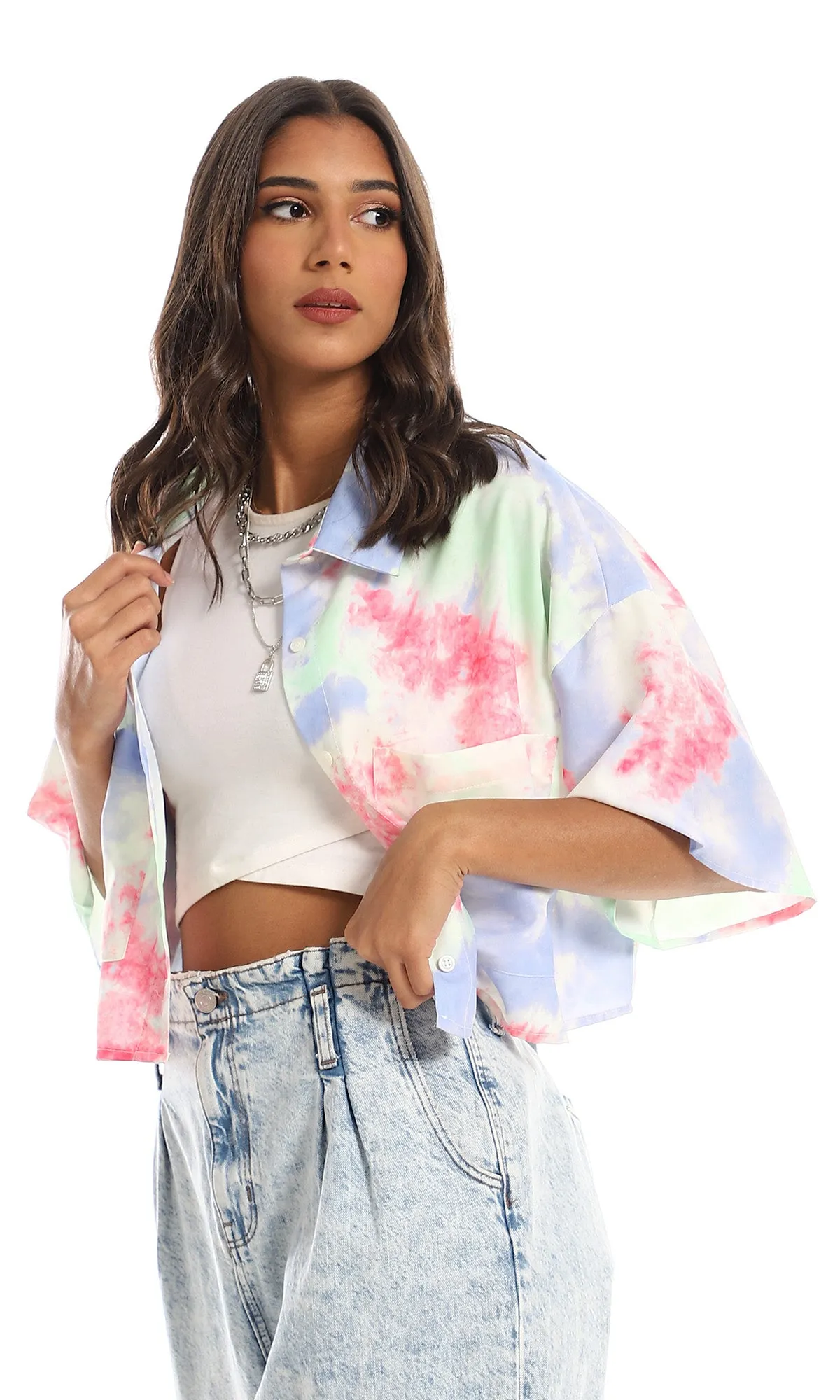 97491 Colorful Tie Dye Cropped Shirt - Multicolour