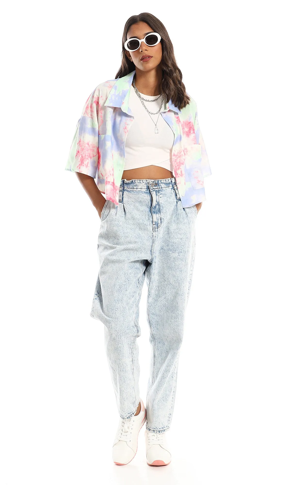 97491 Colorful Tie Dye Cropped Shirt - Multicolour