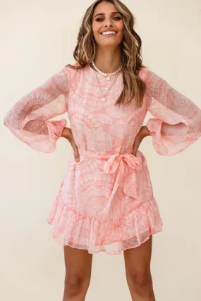 Always & Forever Long Balloon Sleeve Crew Neck Dress Paisley Print Peach