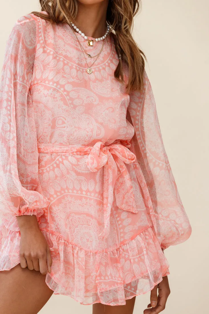 Always & Forever Long Balloon Sleeve Crew Neck Dress Paisley Print Peach