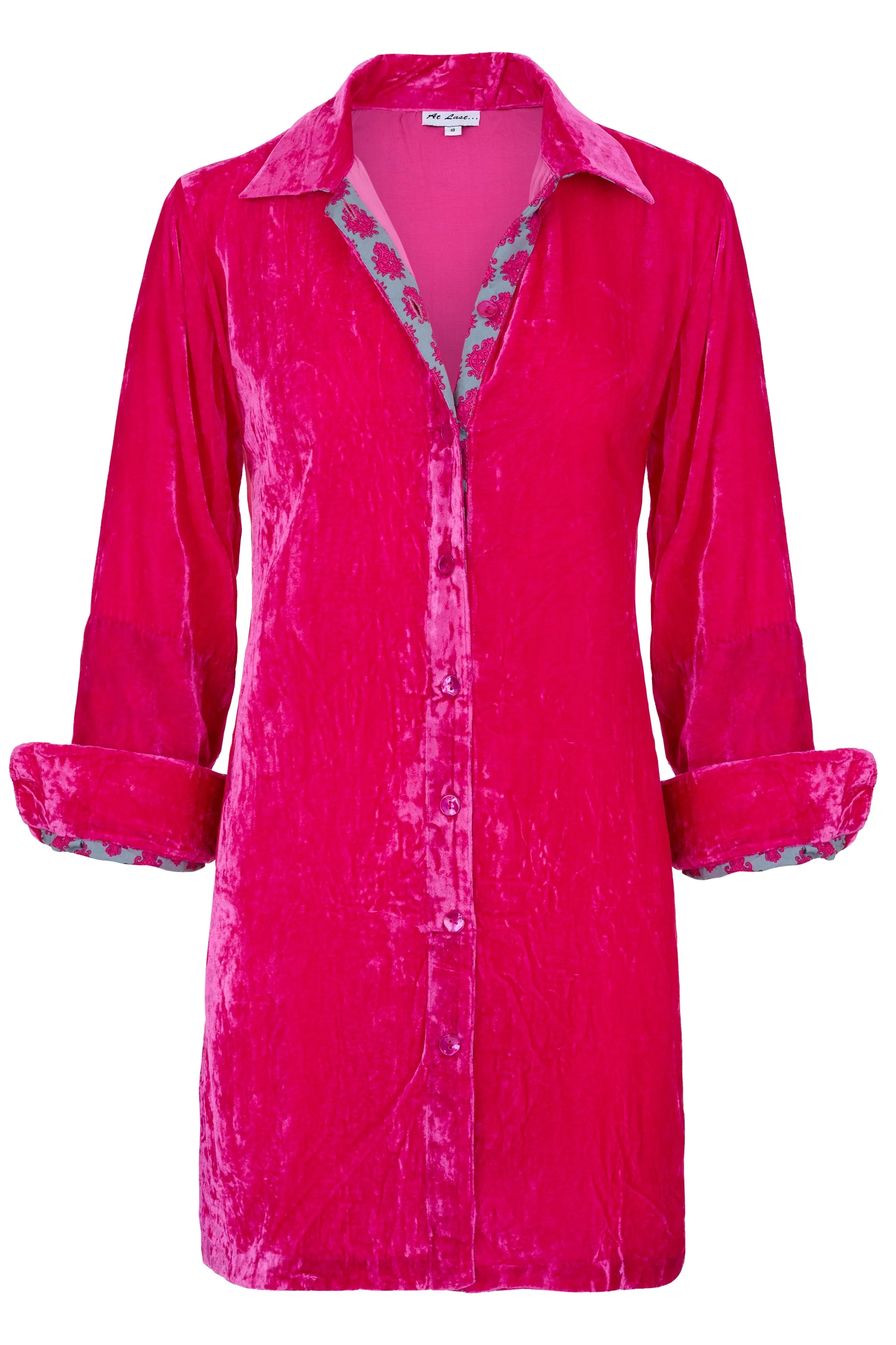 Amanda Silk Velvet Shirt In Hot Pink With Lined Cuff & Collar