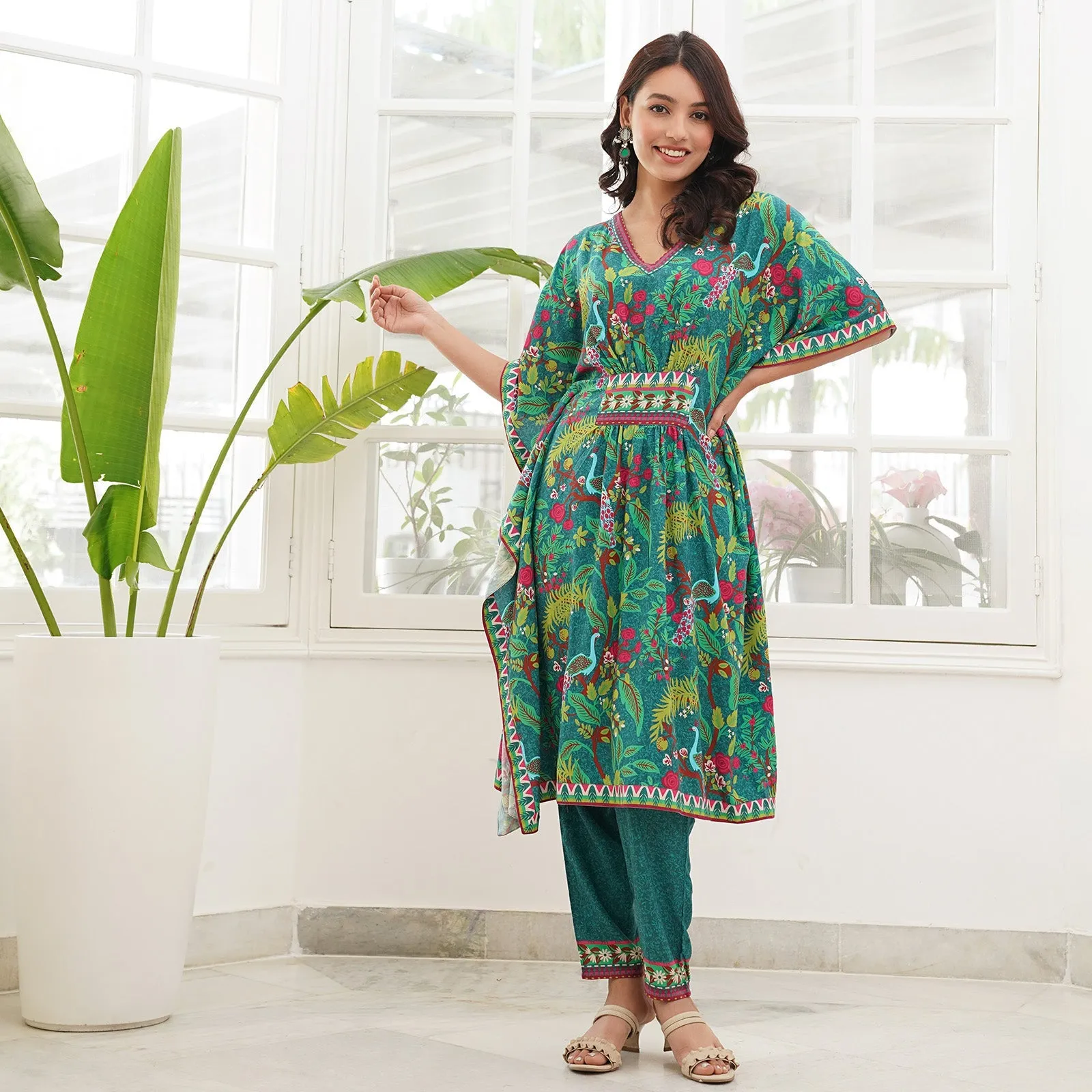 Aqua Green Peacock Printed Kaftan Pant Set