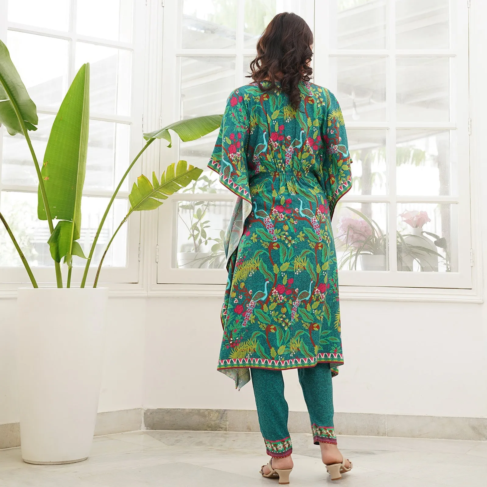 Aqua Green Peacock Printed Kaftan Pant Set