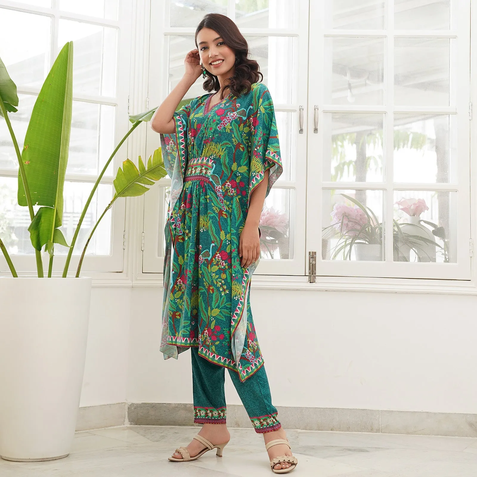 Aqua Green Peacock Printed Kaftan Pant Set