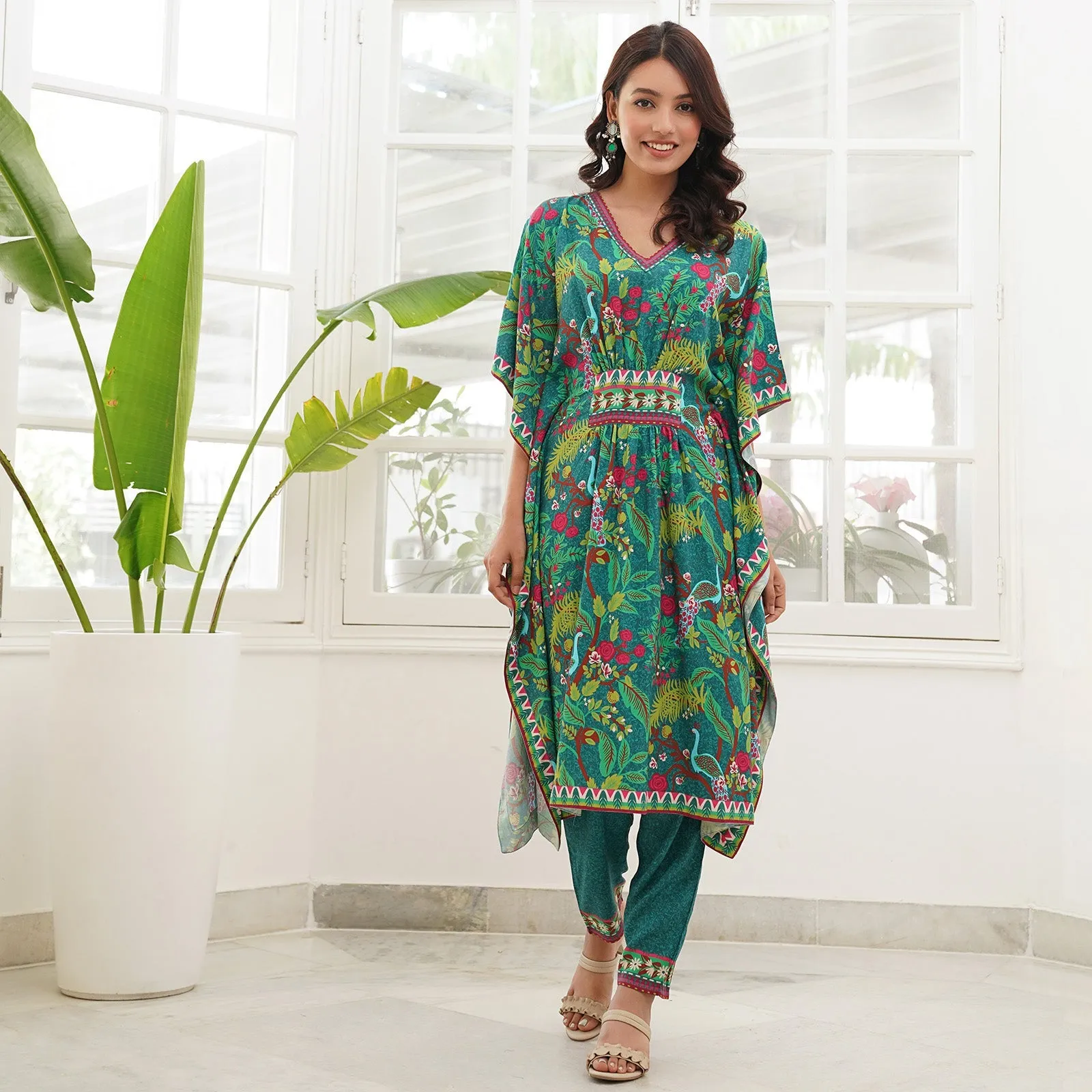 Aqua Green Peacock Printed Kaftan Pant Set