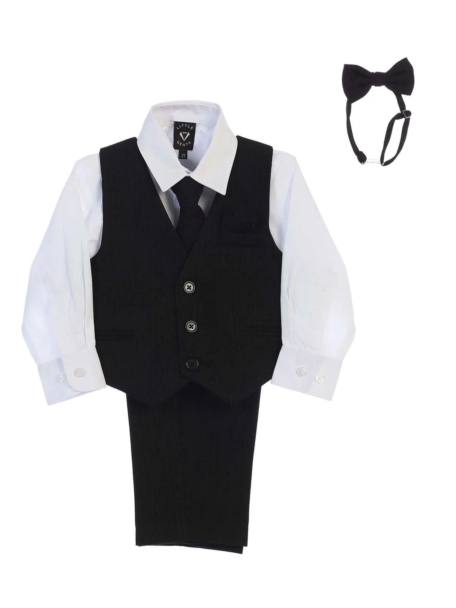 Baby Boys White Shirt Zipper Tie Bow Tie Pinstripe Vest Pant Set 6-24M