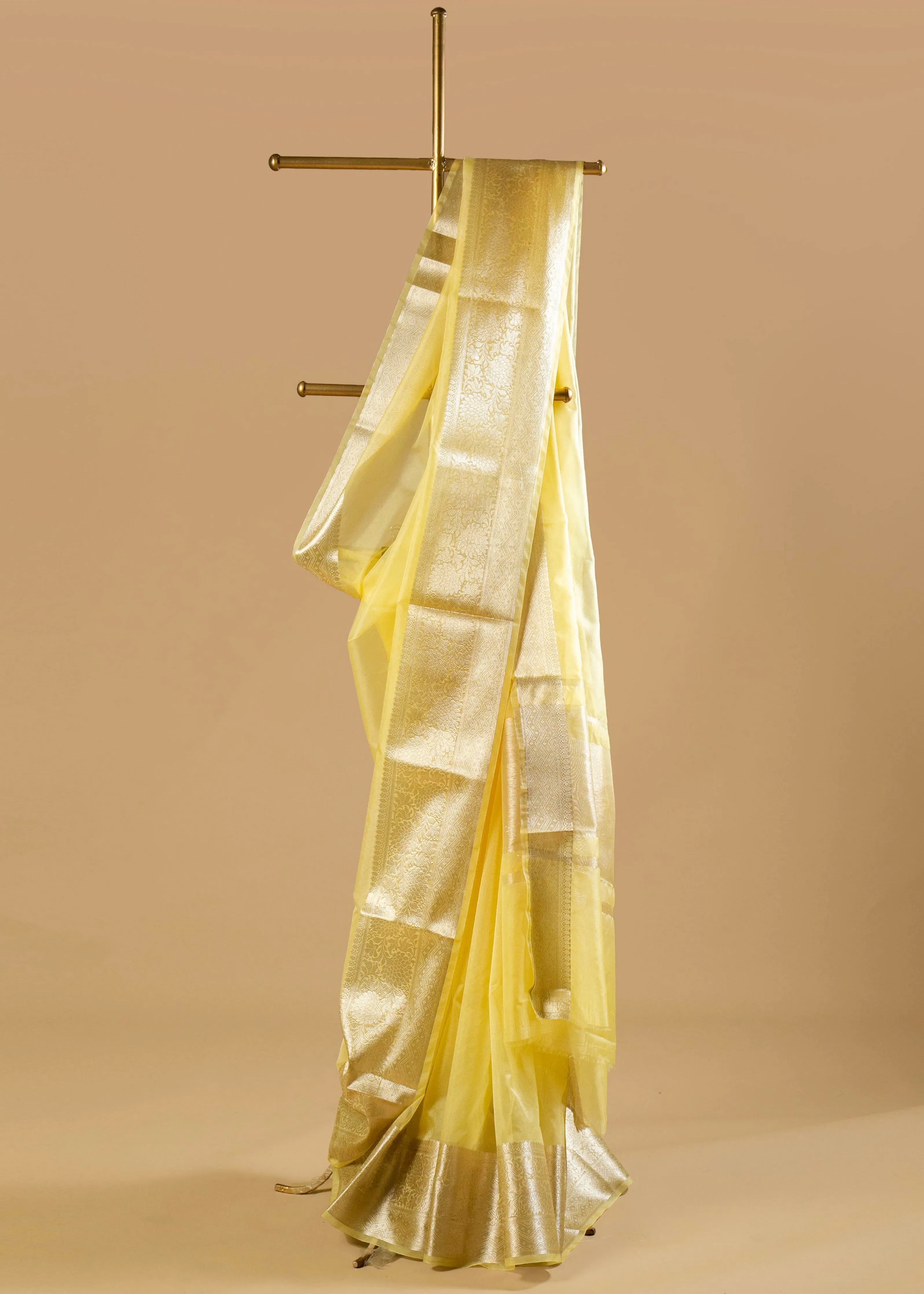 Banarasi Gold Woven Border Lemon Yellow Georgette Organza Saree with Woven Border Blouse