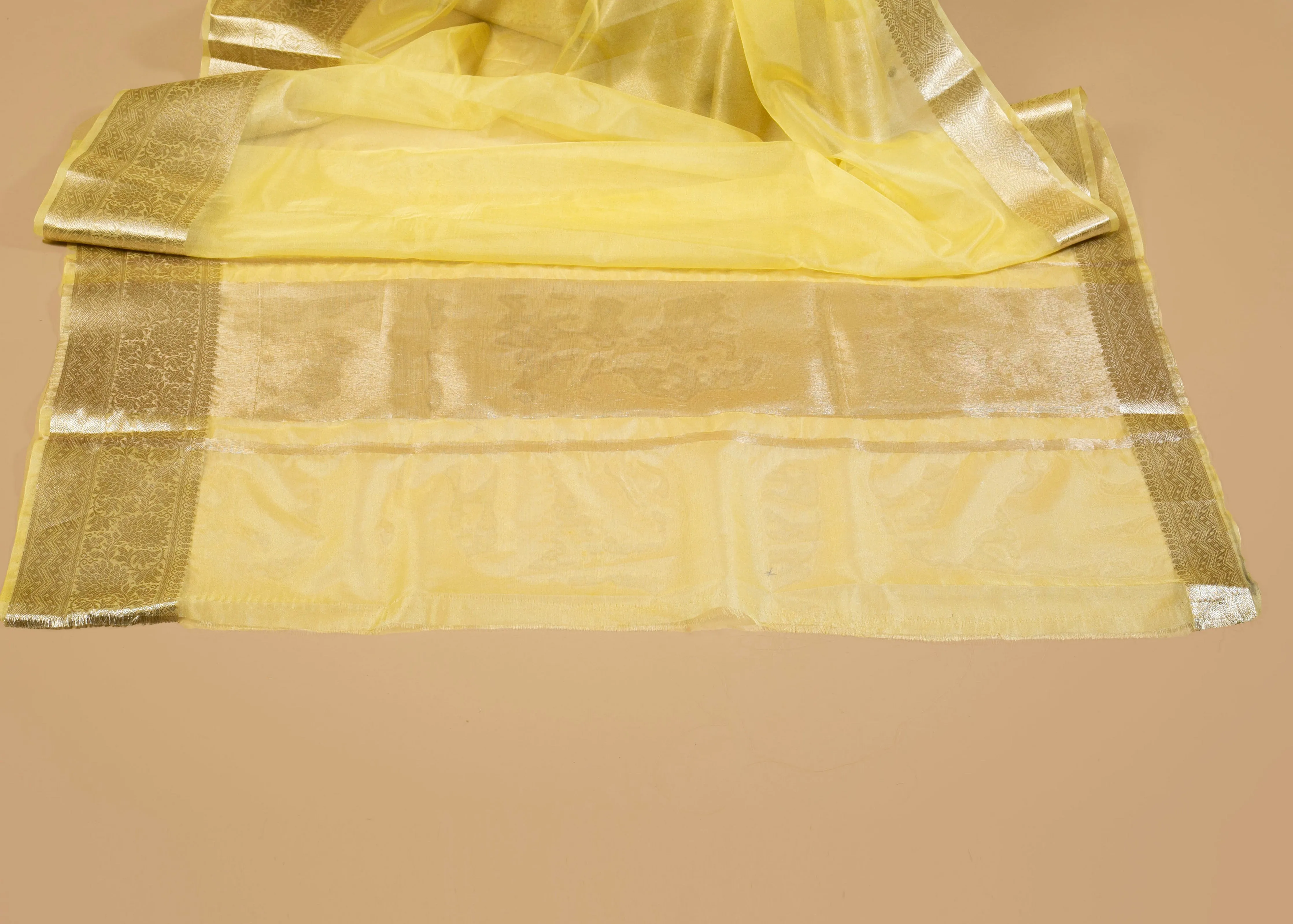 Banarasi Gold Woven Border Lemon Yellow Georgette Organza Saree with Woven Border Blouse