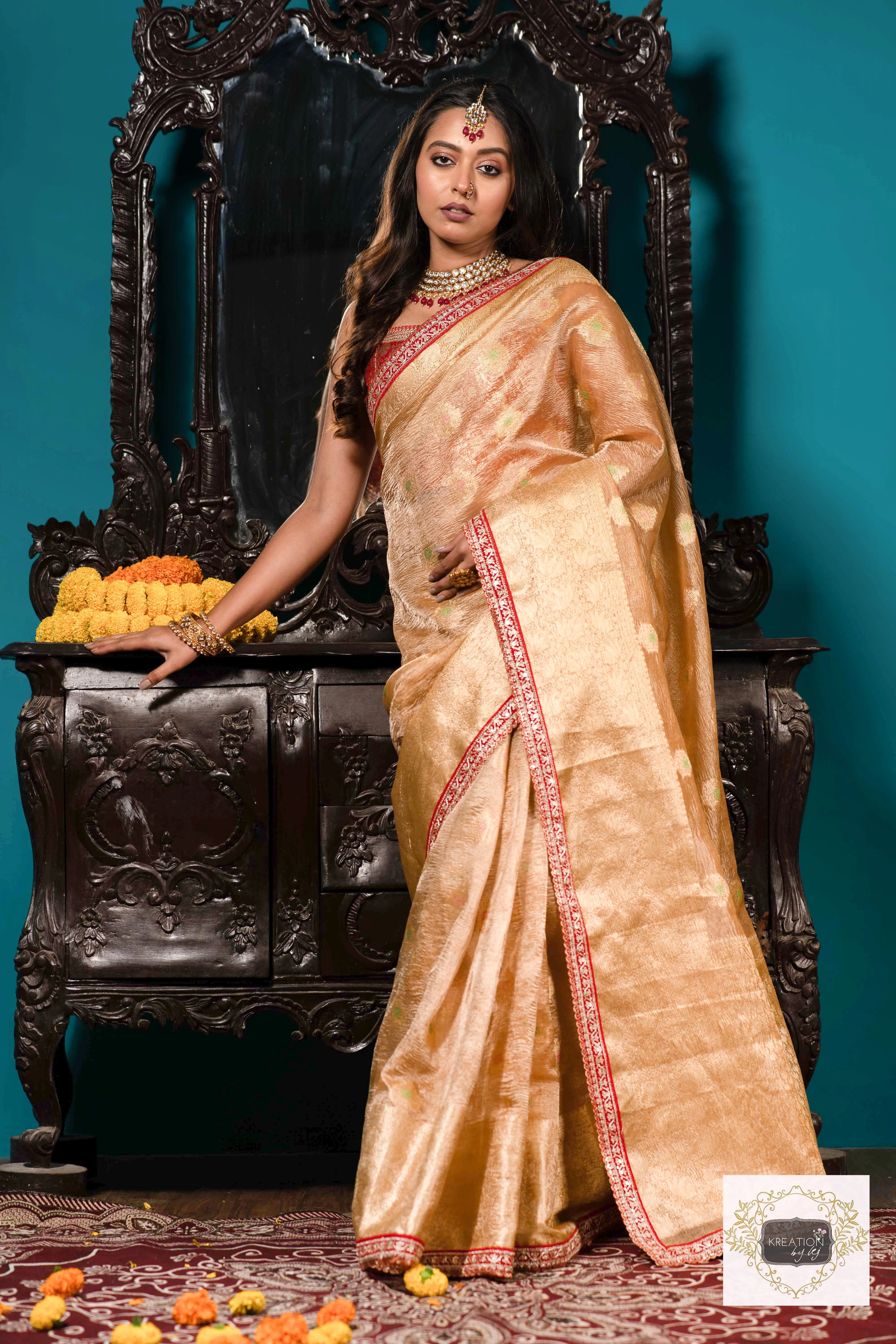 Beige Pure Banarasi Tissue Saree