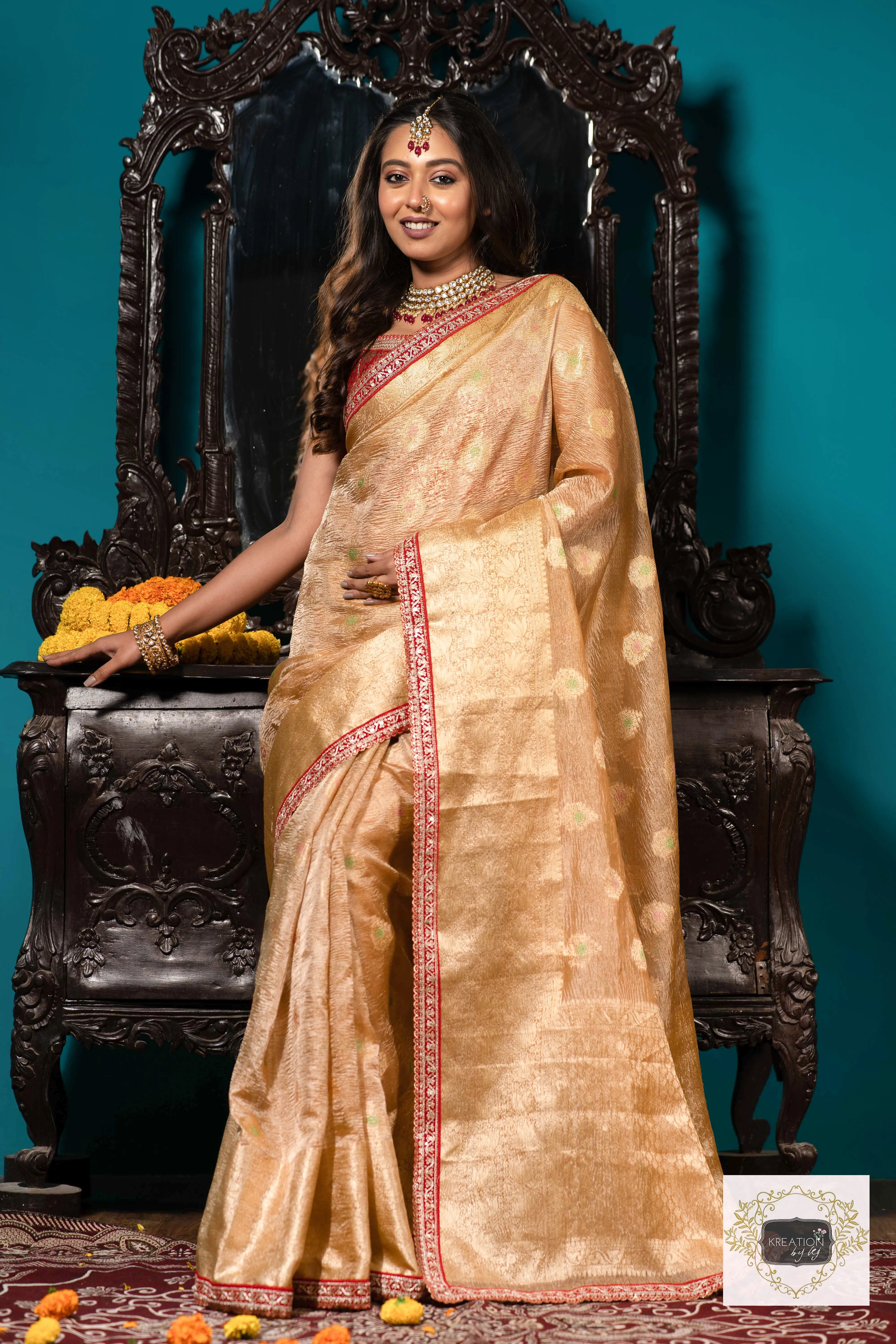 Beige Pure Banarasi Tissue Saree