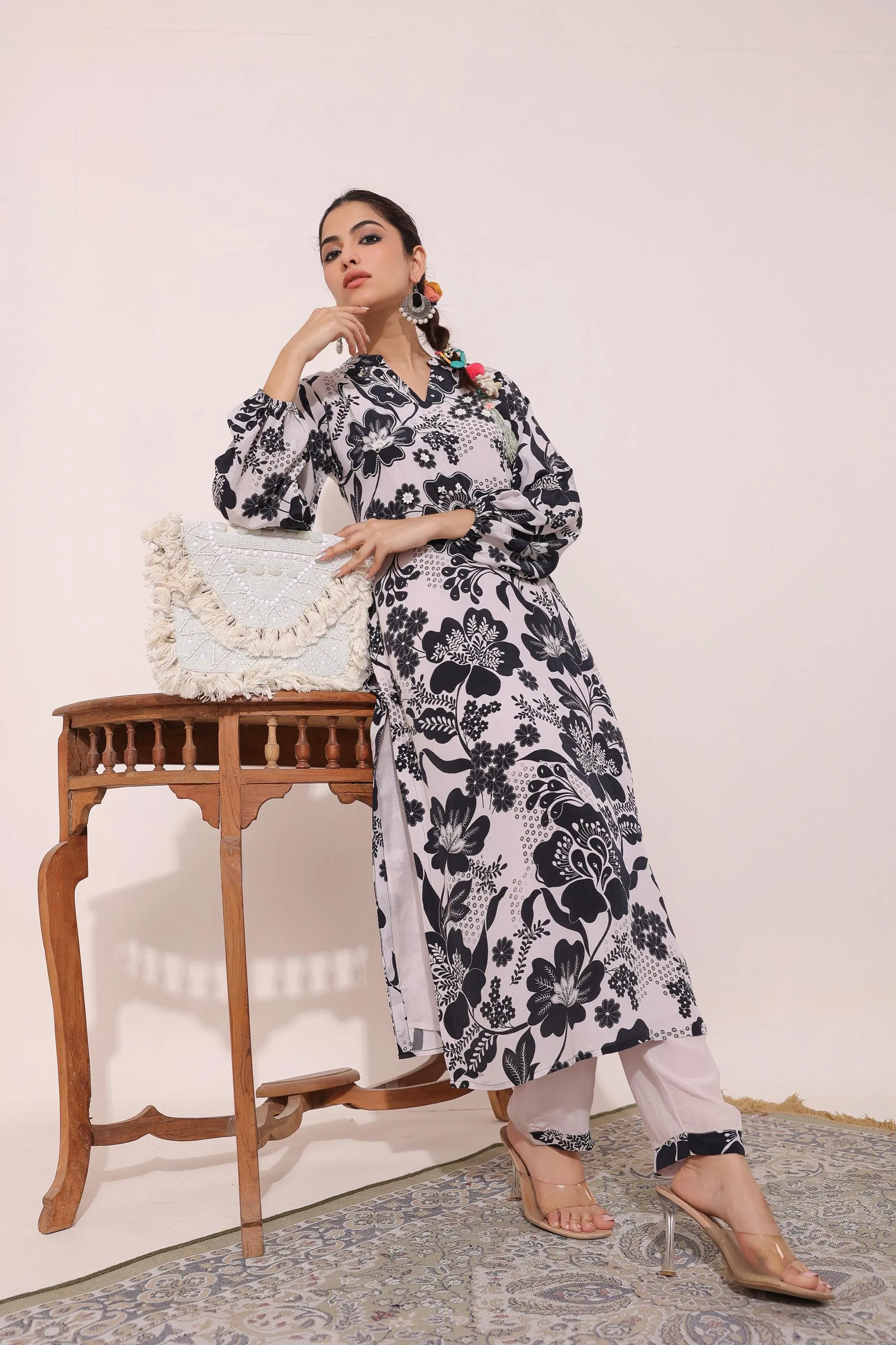 Black & White Floral Printed Crepe Silk Pants Set