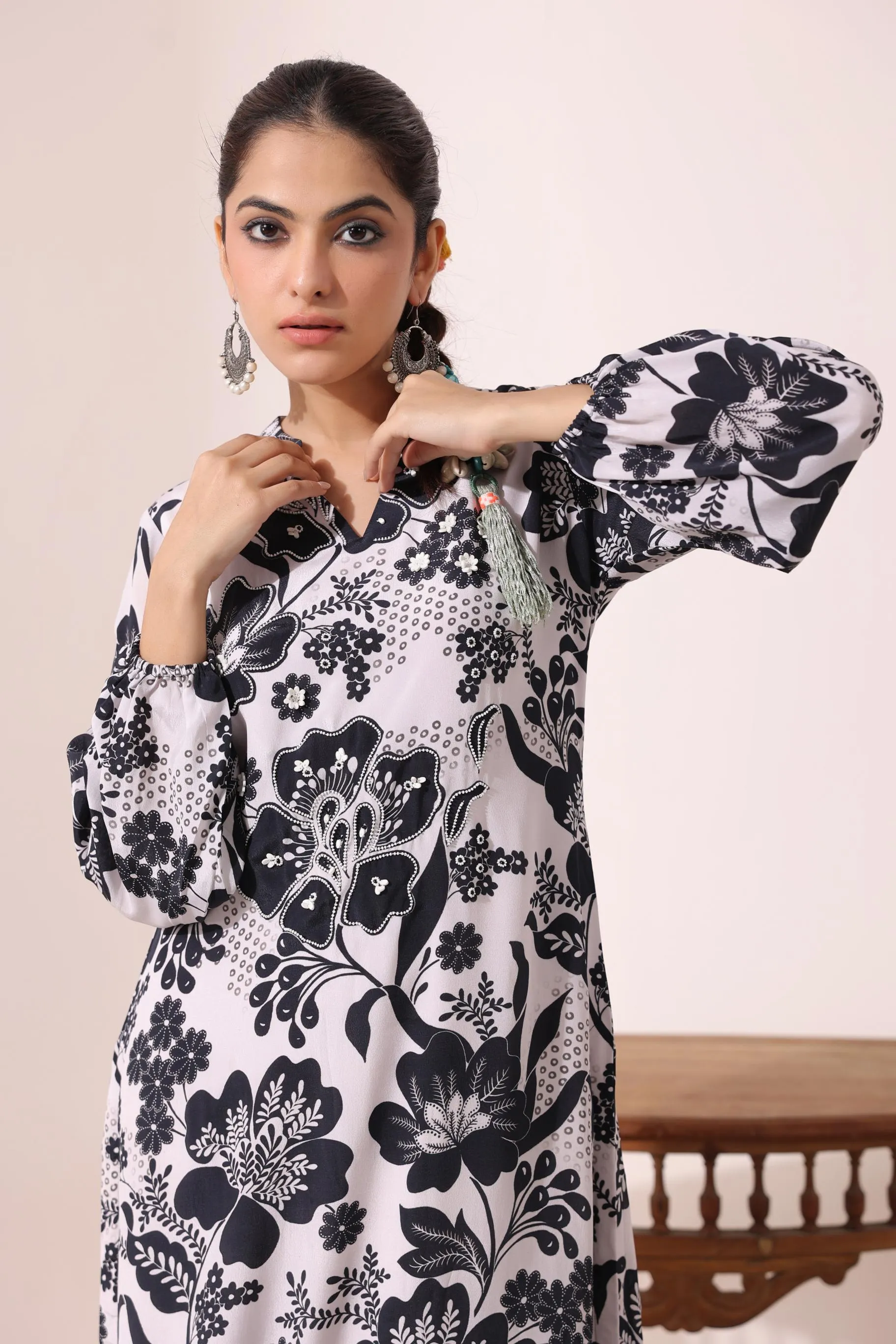 Black & White Floral Printed Crepe Silk Pants Set