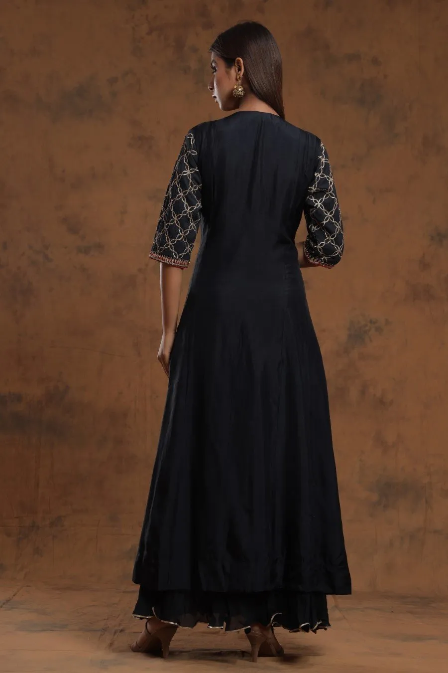 Black Chanderi Silk Kalidar  Kurti With Embroidery